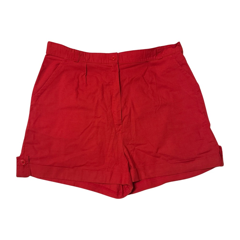 Vtg 18 Sears Red High Waisted Cuffed Shorts Wmn Button Tab Detail‎ 12 14